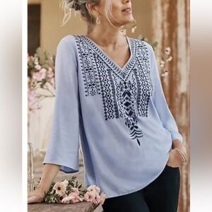 NWT J. Jill Lavender Embroidered Tribal Aztec V-Neck Tunic Top